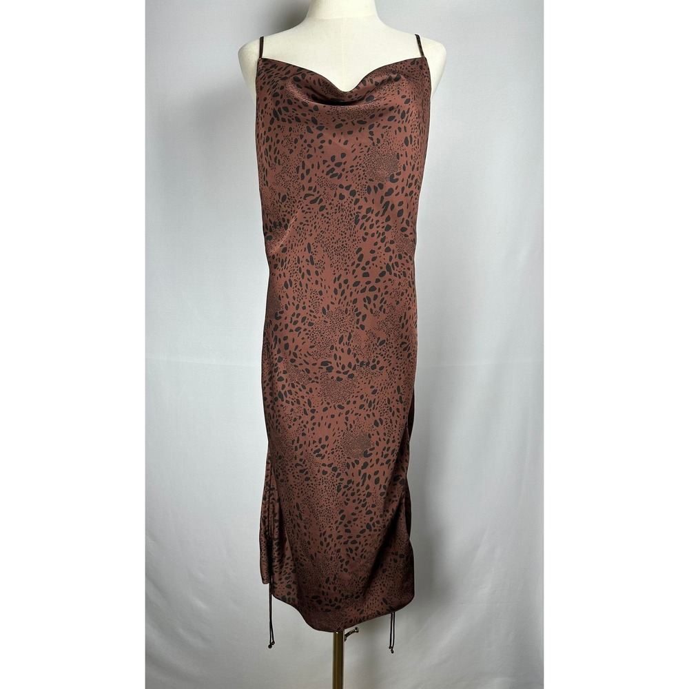 Aritzia Wilfred Only Ruched Slip Dress L Brown Satin Animal Print Cowl Neck 90s